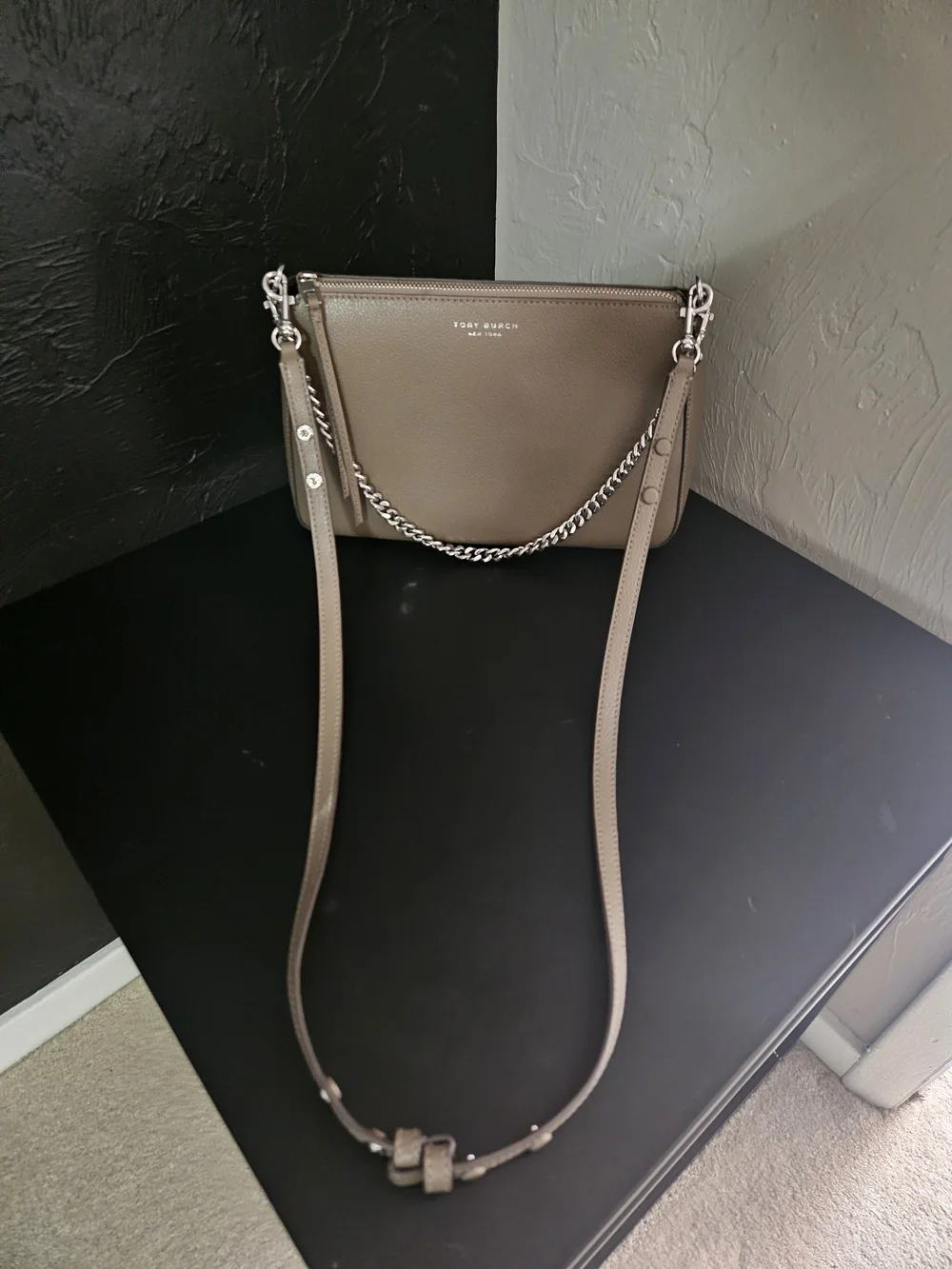 Tory Burch Pebbled Taupe Leather Chain Shoulder Bag